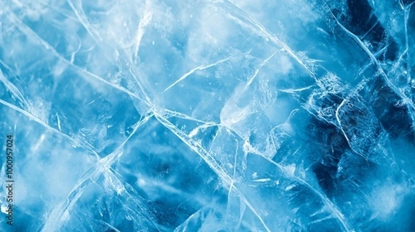 Fototapeta Abstract blue ice with white cracks and veins texture.