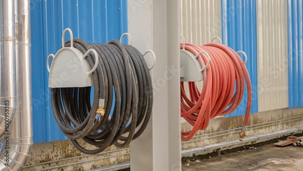 Obraz Hoses Wrapped Around Metal Stands. Two hoses, one black and one red, are neatly coiled around metal stands attached to a wall.