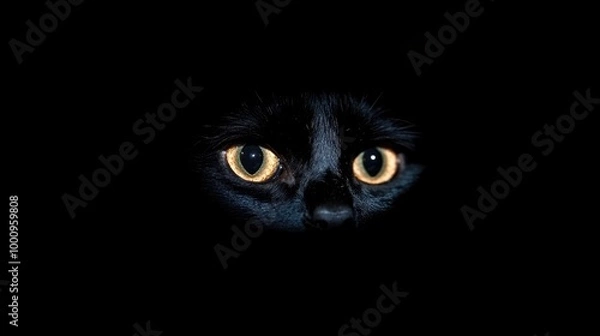 Fototapeta Mysterious black cat eyes glowing in darkness