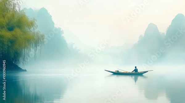 Fototapeta A person is rowing a small boat on a serene, misty lake surrounded by soft, rolling hills and lush greenery.
