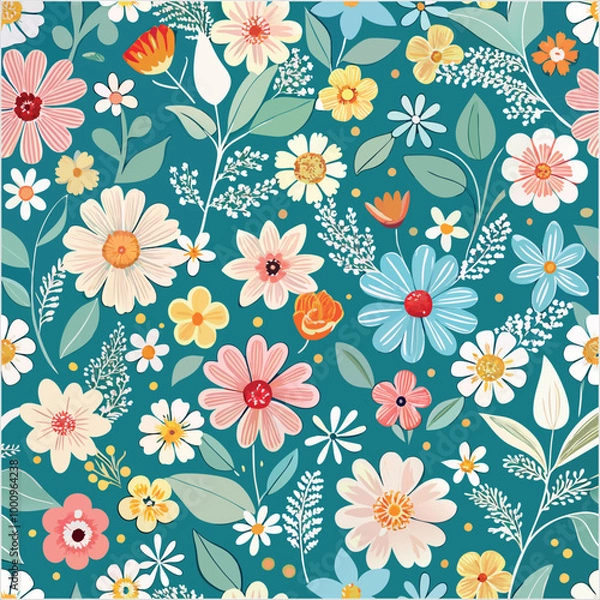 Obraz Colorful seamless flowers pattern, vector illustration hand-drawn  botany style, floral doodle background,minimal botanical art, funny basic nature shapes wallpaper.