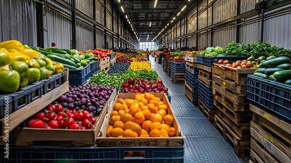 Fototapeta Pallets of fresh produce being loaded onto trucks in a food processing plant, farm-to-table distribution
