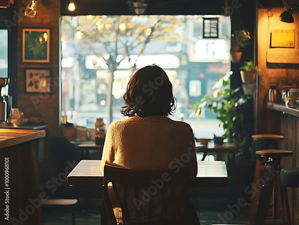 Fototapeta Back of a lonely lady sits at the cafe watching city view picture