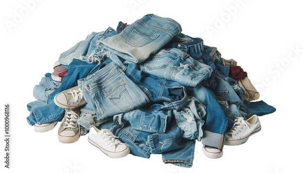 Fototapeta Pile of jeans and sneakers for recycling on a transparent background