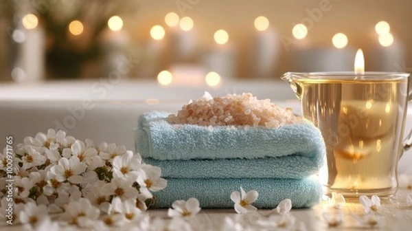 Obraz A cozy home spa setup with bath salts, herbal teas, and soft towels.