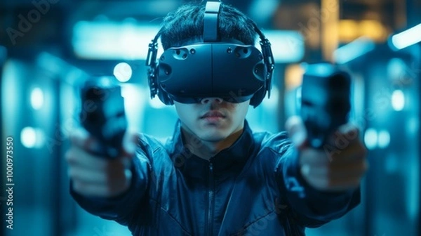 Fototapeta Young man using virtual reality headset in gaming environment