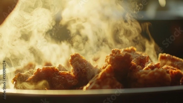 Fototapeta Crispy Fried Chicken Delight - Tempting Close-Up of Steamy Dish Freshly Served on Plate | Ad Poster Photography
