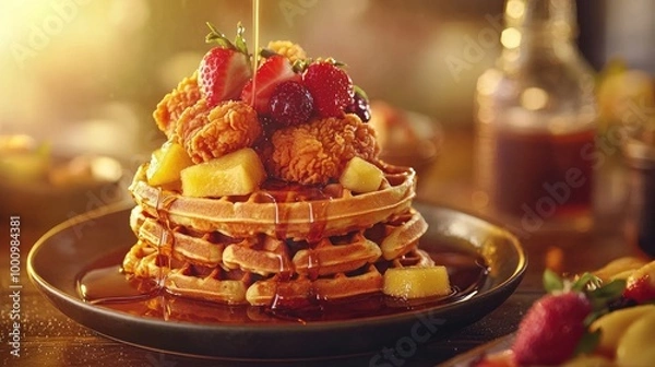 Fototapeta Delicious Fried Chicken and Waffle Stack with Fresh Fruit and Syrup in Cozy Breakfast Setting Advertisement Poster