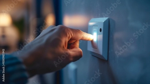 Fototapeta Close-up of a hand pressing a light switch on a white wall to control electricity in a modern home, demonstrating the concept of energy management and indoor technology