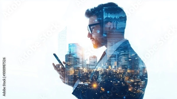 Fototapeta Businessman with blurred face using a tablet, cityscape double-exposure symbolizing connectivity and technology.