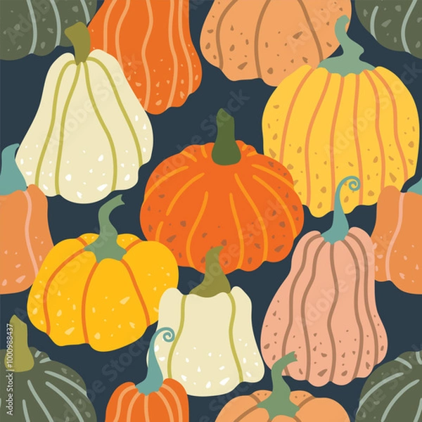 Fototapeta Trendy colourful autumn seamless pattern with different pumpkins. Vector illustration.