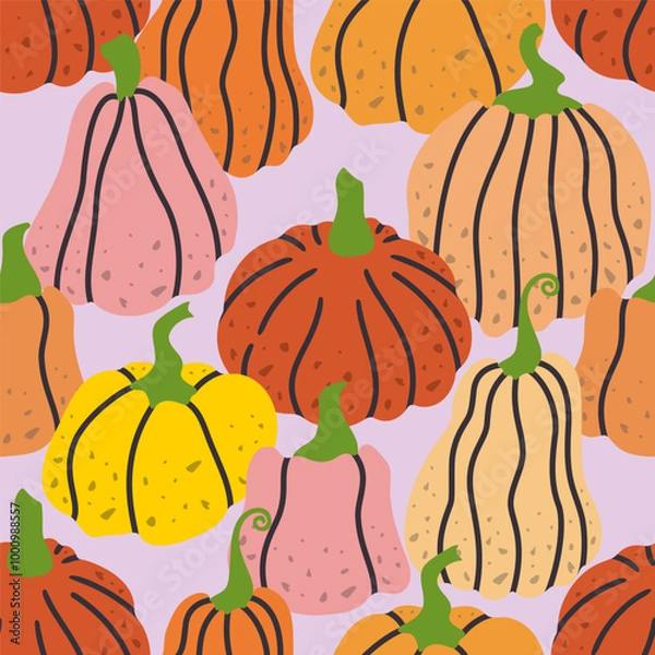 Fototapeta Trendy colourful autumn seamless pattern with different pumpkins. Vector illustration.
