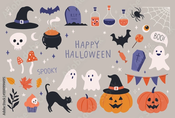 Obraz Halloween cute elements set pumpkins, ghosts, bat, tomb, grave, coffin, skull, candy, potion, bat, witch cauldron, black cat, bone, spider web, moon, cake etc. Cartoon flat style. Vector illustration