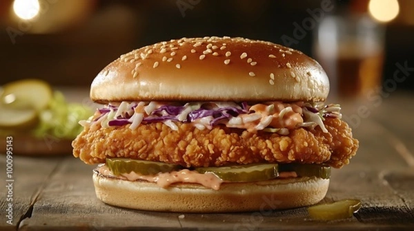 Fototapeta A crispy fried chicken sandwich topped with coleslaw and pickles