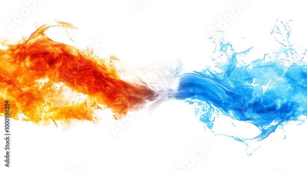 Fototapeta Vivid Fire and Water Fusion Energetic Splash of Orange and Blue Liquids On Transparent Background