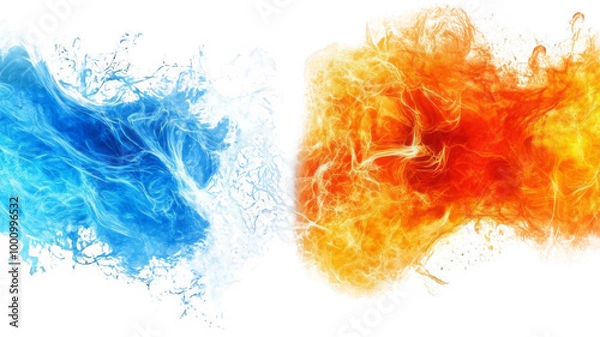 Fototapeta Creative Explosion Dynamic Flow of Orange Fire and Blue Water in Abstract Art On Transparent Background