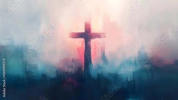 Fototapeta A simple cross in the background, colorful pastel colors, digital painting in the style of Impressionism