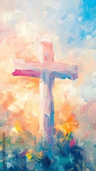Fototapeta A simple cross in the background, colorful pastel colors, digital painting in the style of Impressionism