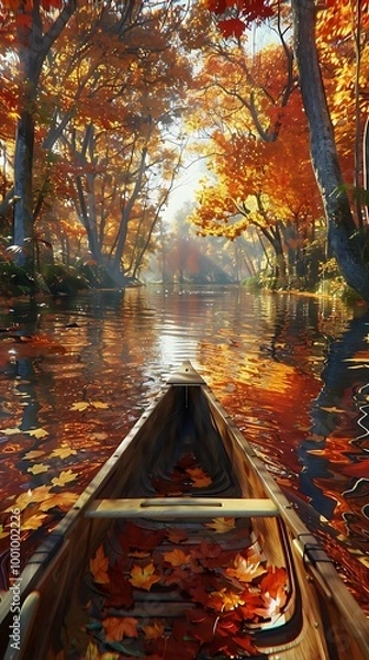 Fototapeta A serene canoe gliding through a vibrant autumn forest, reflecting colorful leaves on water.