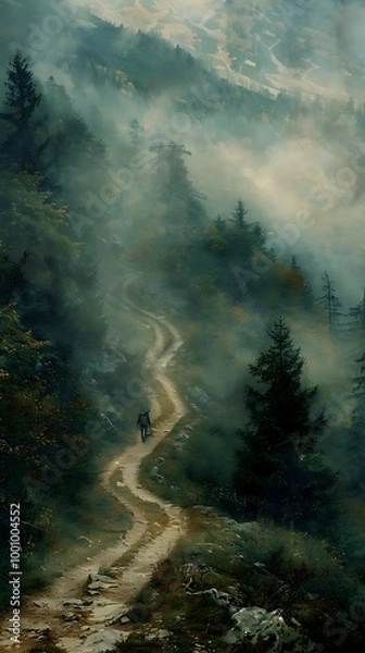 Fototapeta A misty winding path through a forest, evoking a sense of adventure and tranquility.