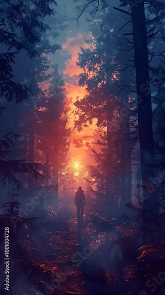 Fototapeta A solitary figure walks through a misty forest at sunset, creating a serene atmosphere.