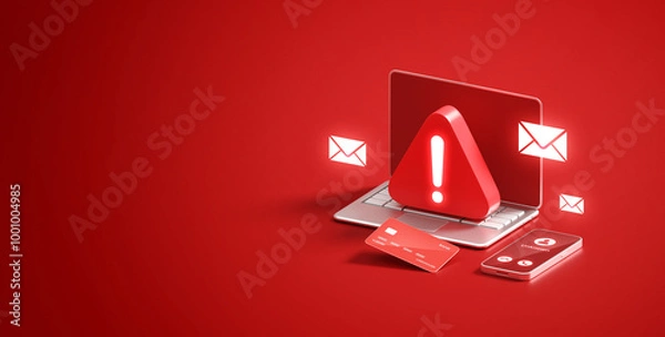 Fototapeta Scam fraud security warning crime internet technology phishing online alert digital risk protection 3d threat background with danger message spam cyber concept hacking attack email sms caution symbol.