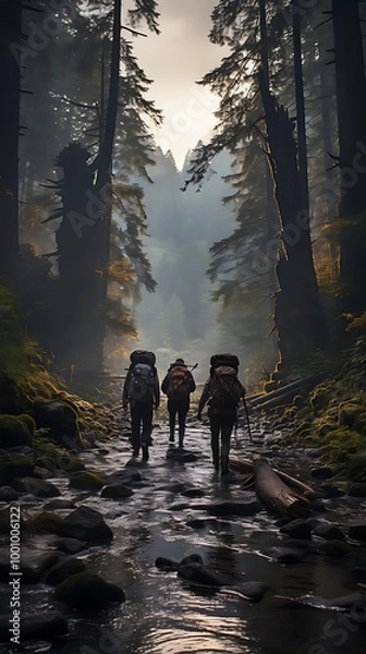 Fototapeta Three hikers walking through a misty forest along a stream.