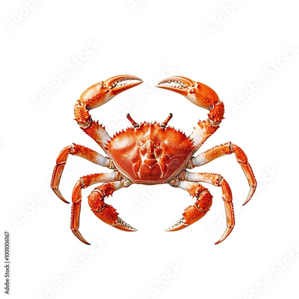 Fototapeta A vibrant, close-up image of a red crab with intricate details highlighting its claws and shell. Isolated on a white background, perfect for culinary or seafood-related themes.