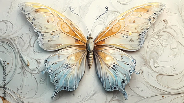 Obraz Generative AI, Pastel Butterfly in Art Nouveau Style with Detailed Wing Patterns