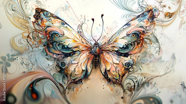 Obraz Generative AI, Elegant Butterfly with Intricate Wings Surrounded by Swirling Natural Motifs