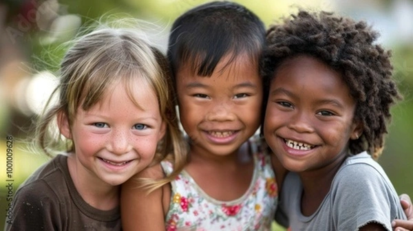 Fototapeta Three children from different ethnic backgrounds, smiling brightly