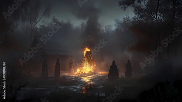 Obraz Generative AI, Folk Horror: Shadowy Figures Performing a Ritual Around a Wicker Man
