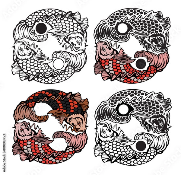 Fototapeta Set of silhouette tattoo style. Yin yang koi fish, symbol of harmony and balance. Two koi fish hold tail one other.eps