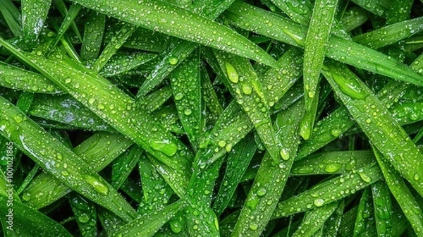 Obraz Fresh green grass blades with dew droplets
