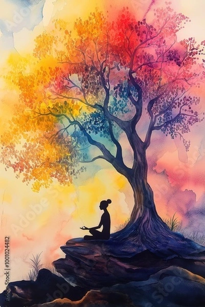 Fototapeta Yoga/ Meditation Silhouette Under a Vibrant Tree Symbolizing Mental and Emotional Growth for Mental Health Awareness