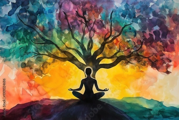 Fototapeta Yoga/ Meditation Silhouette Under a Vibrant Tree Symbolizing Mental and Emotional Growth for Mental Health Awareness