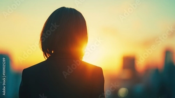 Fototapeta An executive woman stands overlooking the city as the sun sets, bathed in warm light, contemplating her achievements and aspirations