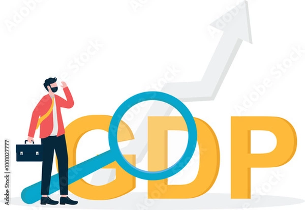 Fototapeta Business man observes rising GDP data with magnifying glass

