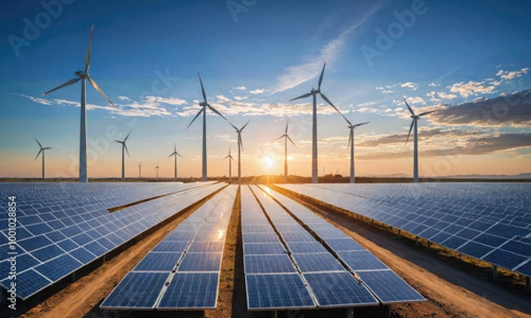 Fototapeta A field of solar panels and wind turbines generates clean energy during a beautiful sunset