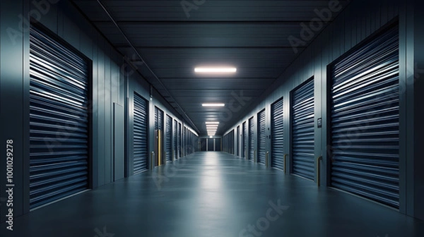 Fototapeta Interior of modern industrial building with large empty hallway and storage rooms for rental : Generative AI