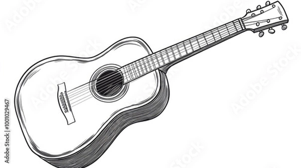 Fototapeta A line drawing of an acoustic guitar showing detailed strings, body, and head of the instrument. The illustration captures the essence of musical creativity and artistry.