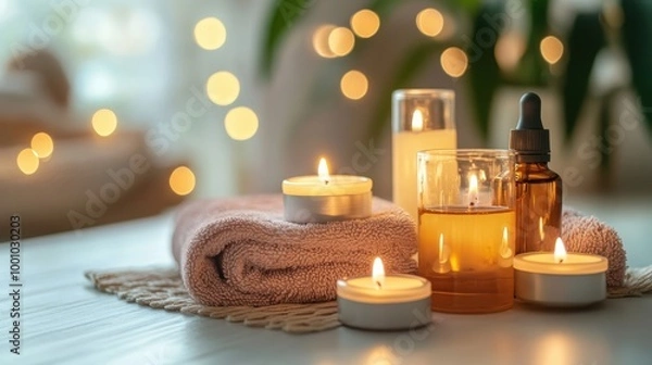 Fototapeta A spa setting with candles, essential oils, and soft lighting promoting relaxation and wellness.