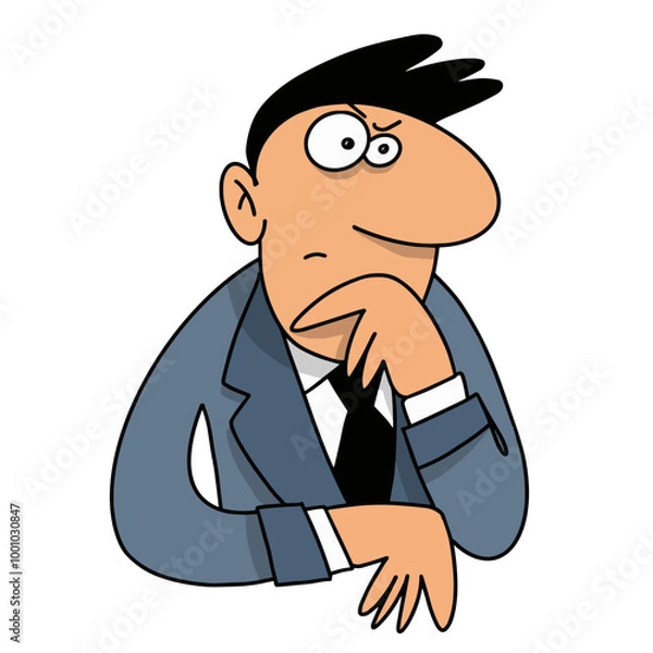 Fototapeta A cartoon character in a suit, deep in thought, showcasing a contemplative expression