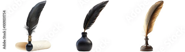 Obraz Vintage Quill Pens and Ink Bottles on Display Isolated on Transparent Background