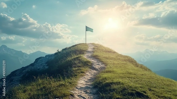 Fototapeta A winding path leads to a flag on a mountain peak, with a view of more mountains in the distance.