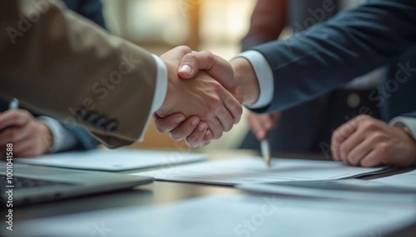 Fototapeta Two businesspeople shaking hands over a table with documents, symbolizing agreement or partnership.