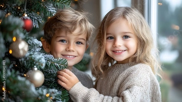 Fototapeta Children decorating a Christmas tree with colorful ornaments in a cozy home