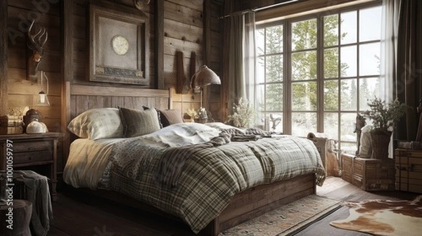 Fototapeta A rustic bedroom scene with a wooden bed frame, patterned bedding, and vintage decor elements, featuring a large window with natural light illuminating the room.