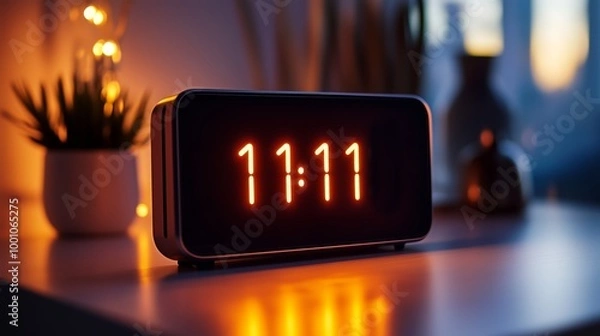 Fototapeta Digital Clock Displaying 11:11 on Modern Nightstand with Soft Ambient Lighting
