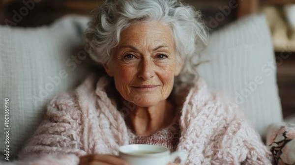 Fototapeta An older woman with gentle features enjoys a cup of tea in her warm home, representing comfort, mindfulness, and peace with the soft evening light around her.